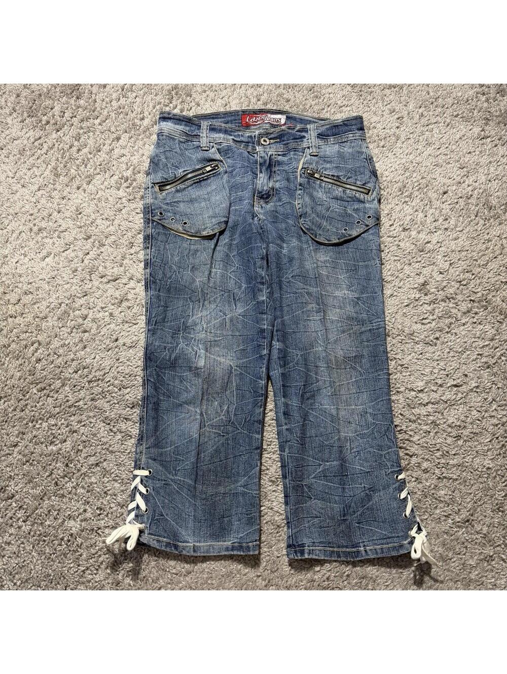 Vintage Y2K Lazer Jeans Women's Lace Up Low Rise Capri Cargo Jeans Size 5